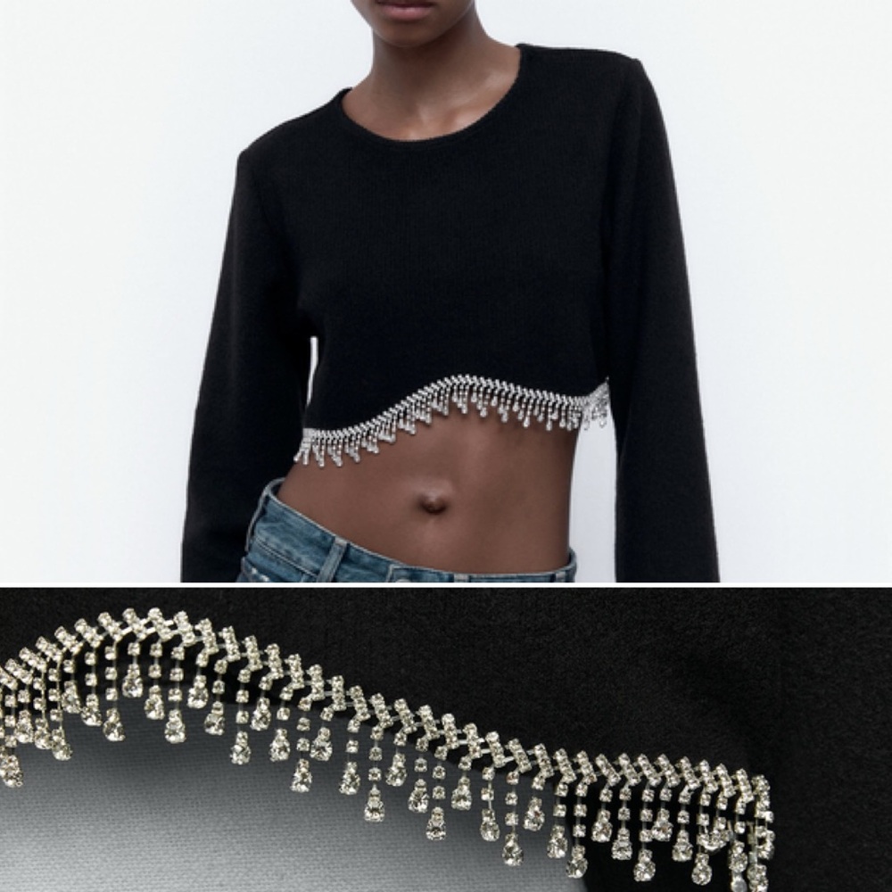 ZARA Rhinestone Ribbed Crop Top